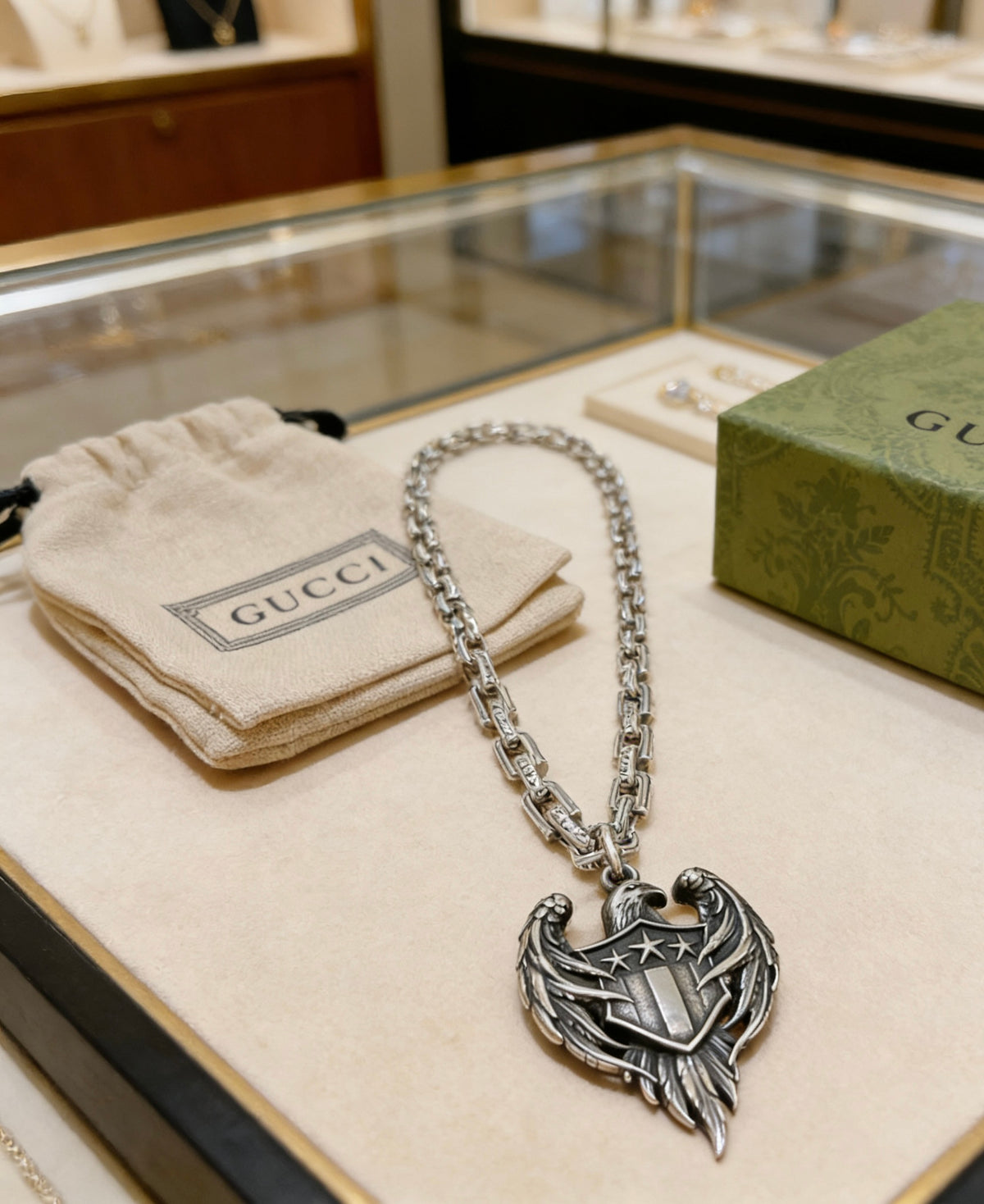 Double-G Emblem Pendant Necklace in Polished Metal-Tone – Vintage Detail – Design 031 styled product view