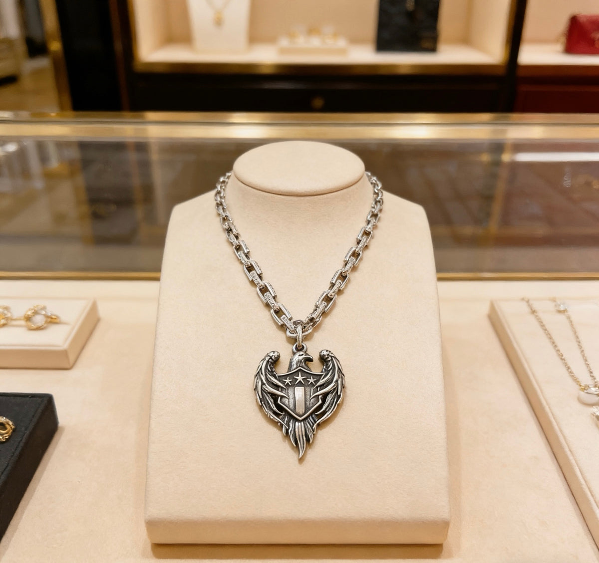 Double-G Emblem Pendant Necklace in Polished Metal-Tone – Vintage Detail – Design 031 main product view