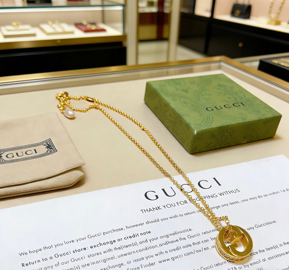 Double-G Emblem Pendant Necklace in Polished Metal-Tone – Design 122 side detail
