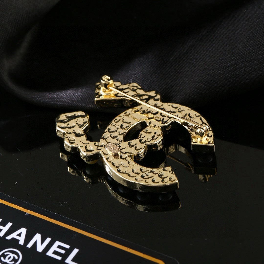 Double-C Emblem Brooch in Polished Metal-Tone – Pearl Detail – Design 005 main product view