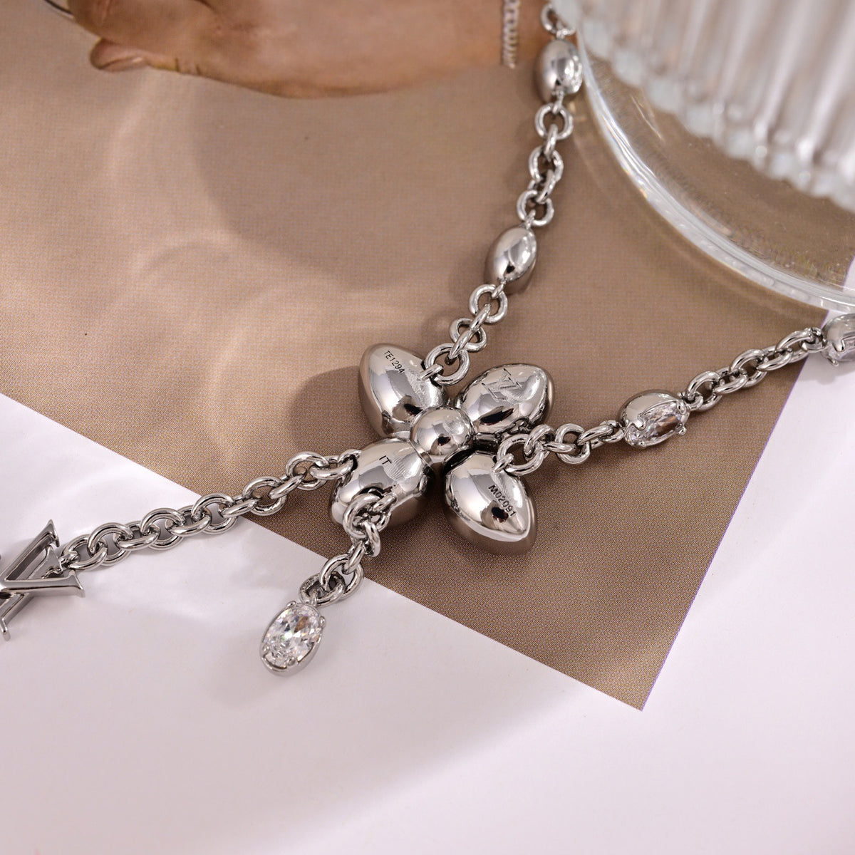 Clover Pendant Necklace in Polished Metal-Tone – Clover Detail – Design 006 front product view