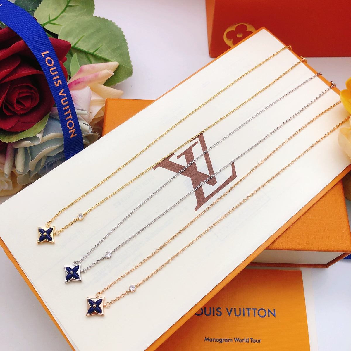 Geometric Emblem Pendant Necklace in Gold-Tone – Blue Detail – Design 005 close-up detail