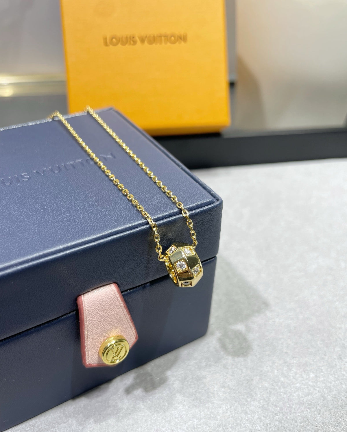 Letter Emblem Pendant Necklace in Gold-Tone – Design 006 styled product view