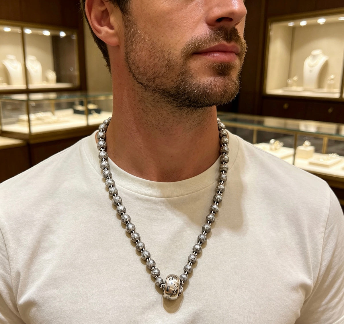 Double-G Emblem Pendant Necklace in Silver-Tone – Vintage Detail – Design 026 styled product view