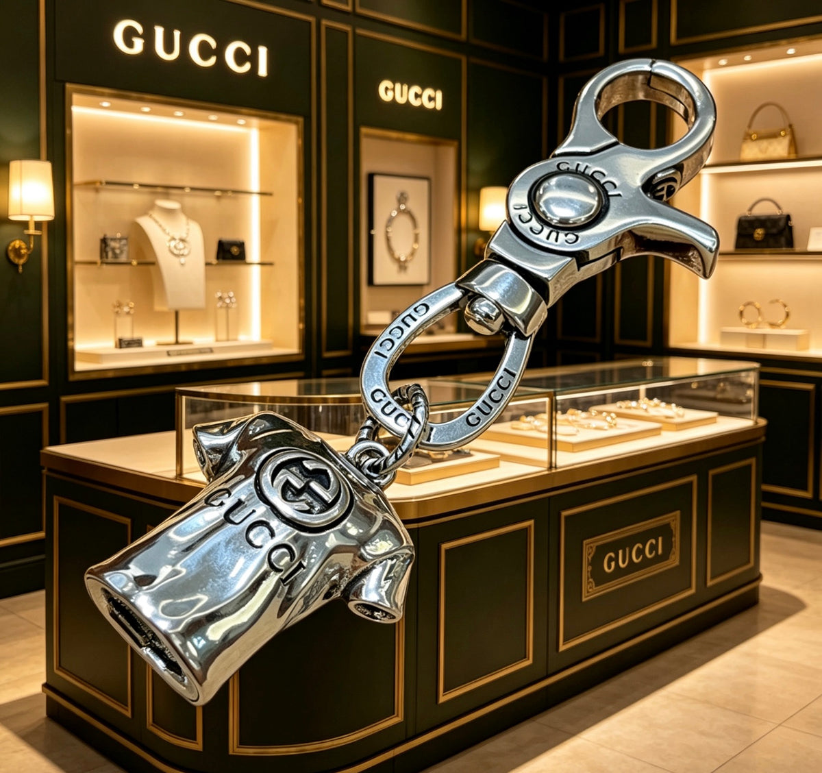 Double-G Emblem Keychain in Polished Metal-Tone – Design 021 close-up detail