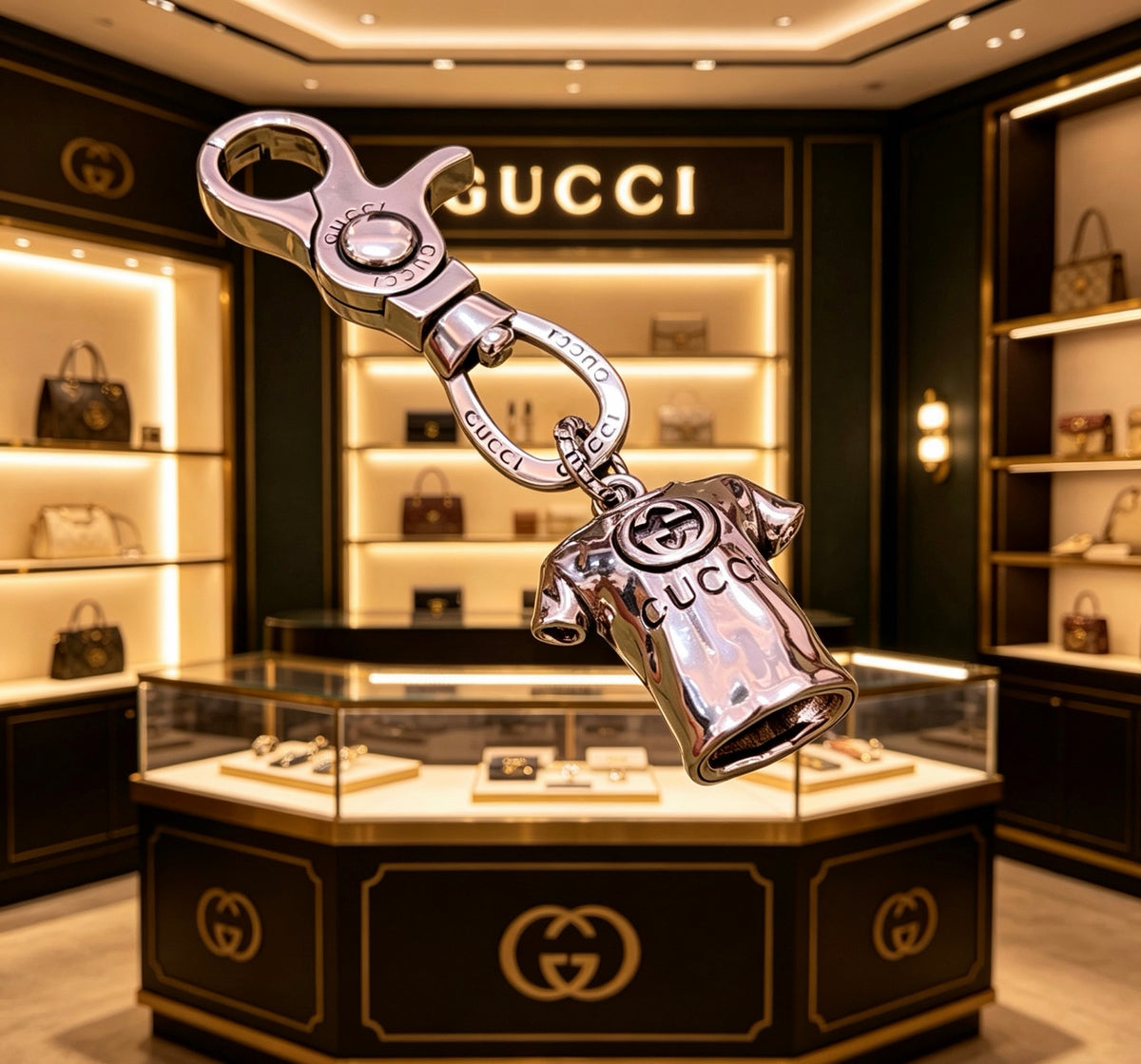 Double-G Emblem Keychain in Polished Metal-Tone – Design 021 styled product view