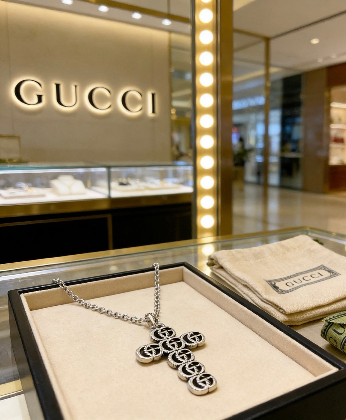 Double-G Emblem Pendant Necklace in Polished Metal-Tone – Design 114 close-up detail