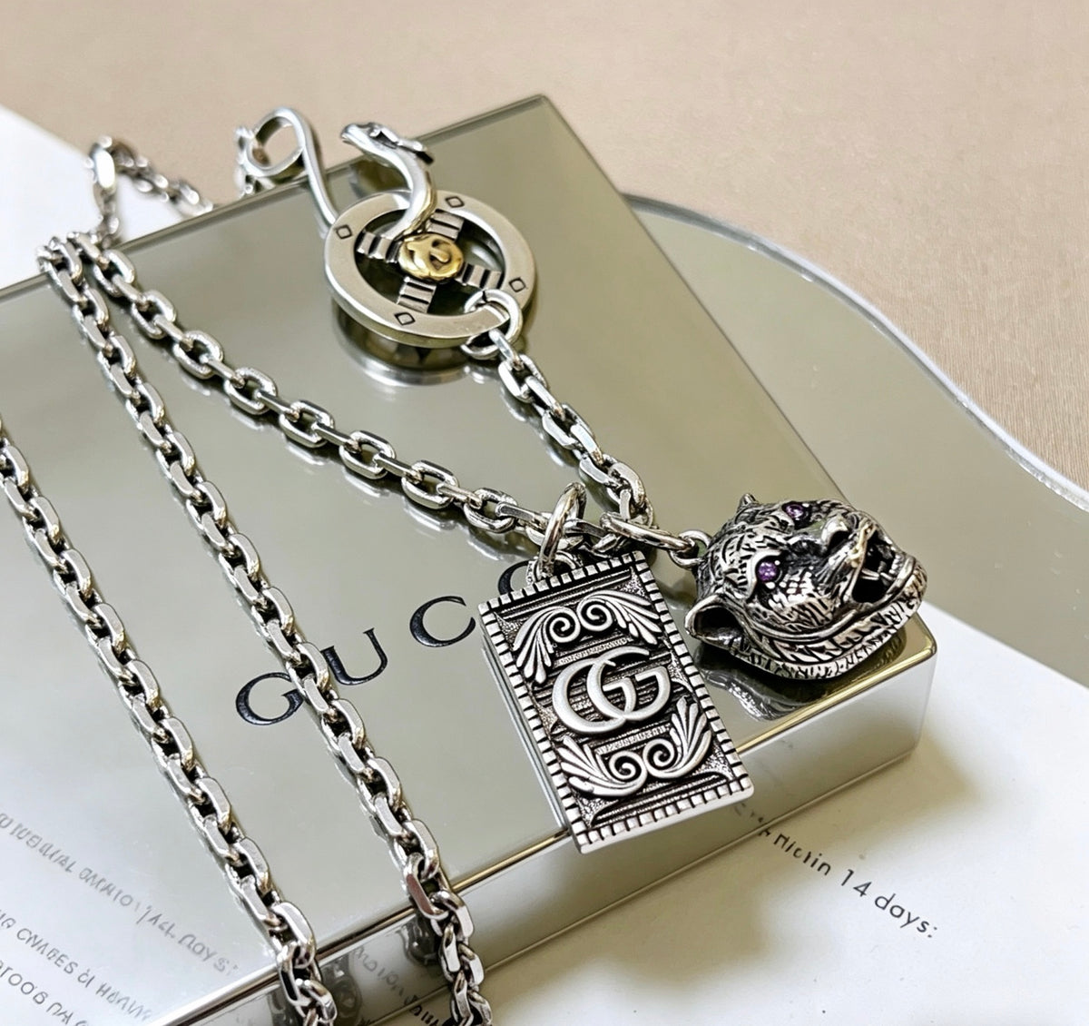 Double-G Emblem Pendant Necklace in Polished Metal-Tone – Vintage Detail – Design 028 main product view