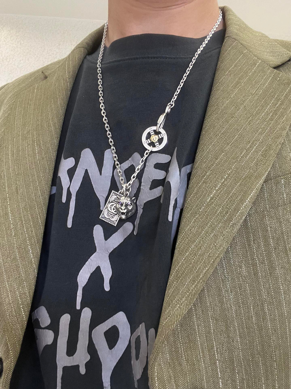Double-G Emblem Pendant Necklace in Polished Metal-Tone – Vintage Detail – Design 028 front product view