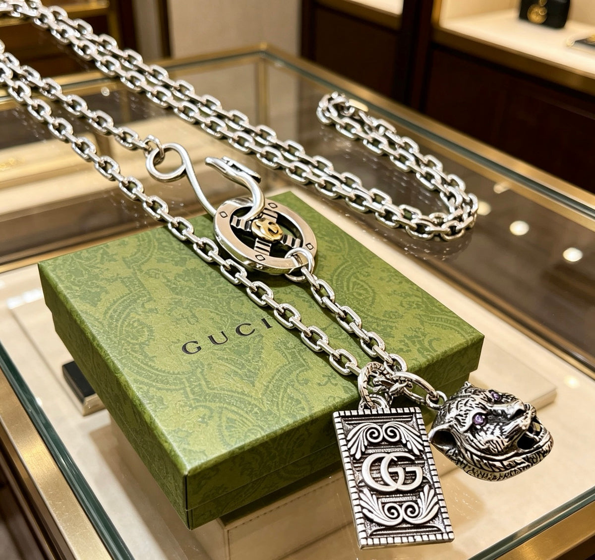 Double-G Emblem Pendant Necklace in Polished Metal-Tone – Vintage Detail – Design 028 front product view