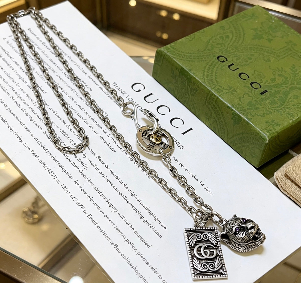 Double-G Emblem Pendant Necklace in Polished Metal-Tone – Vintage Detail – Design 028 side detail