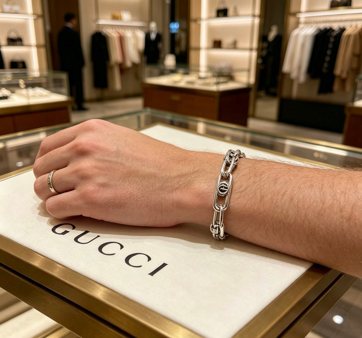 Geometric Emblem Bracelet in Polished Metal-Tone – Design 058 detail view