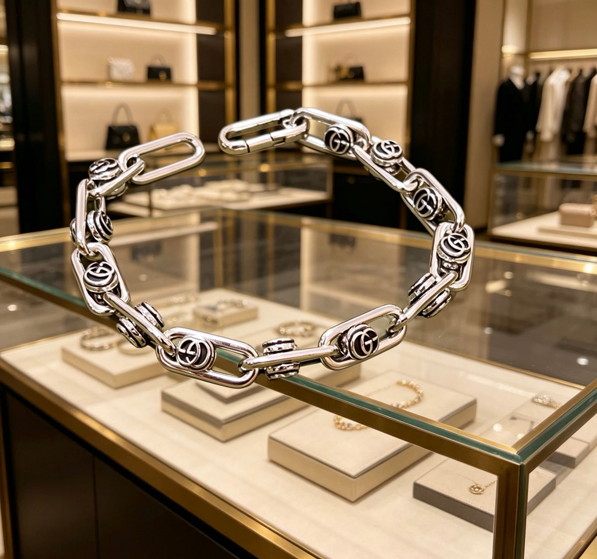 Geometric Emblem Bracelet in Polished Metal-Tone – Design 058 front product view
