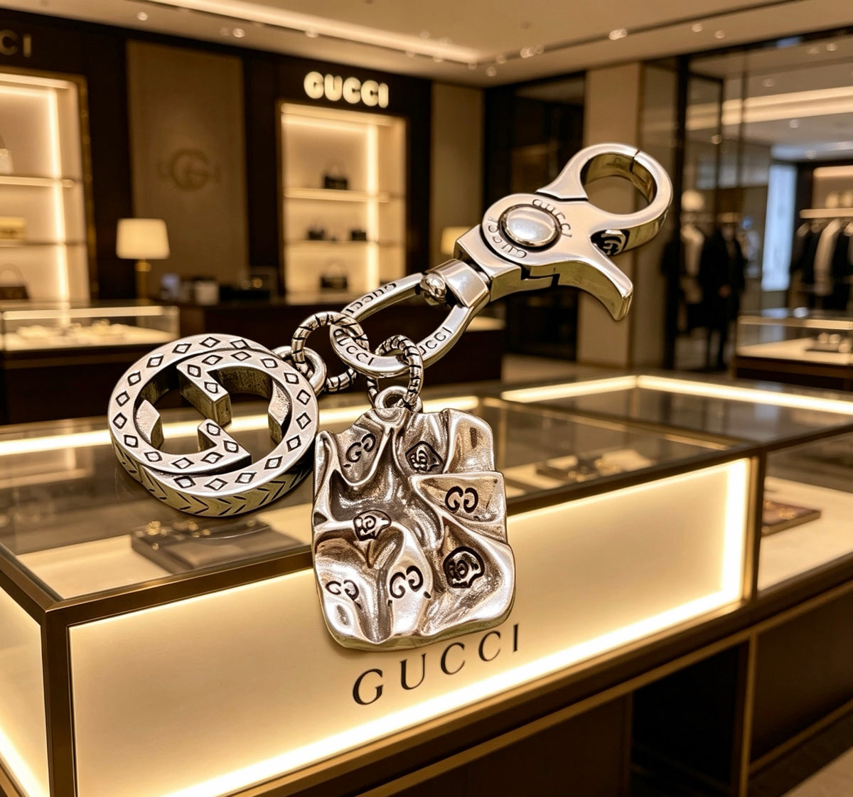 Double-G Emblem Keychain in Polished Metal-Tone – Design 022 styled product view