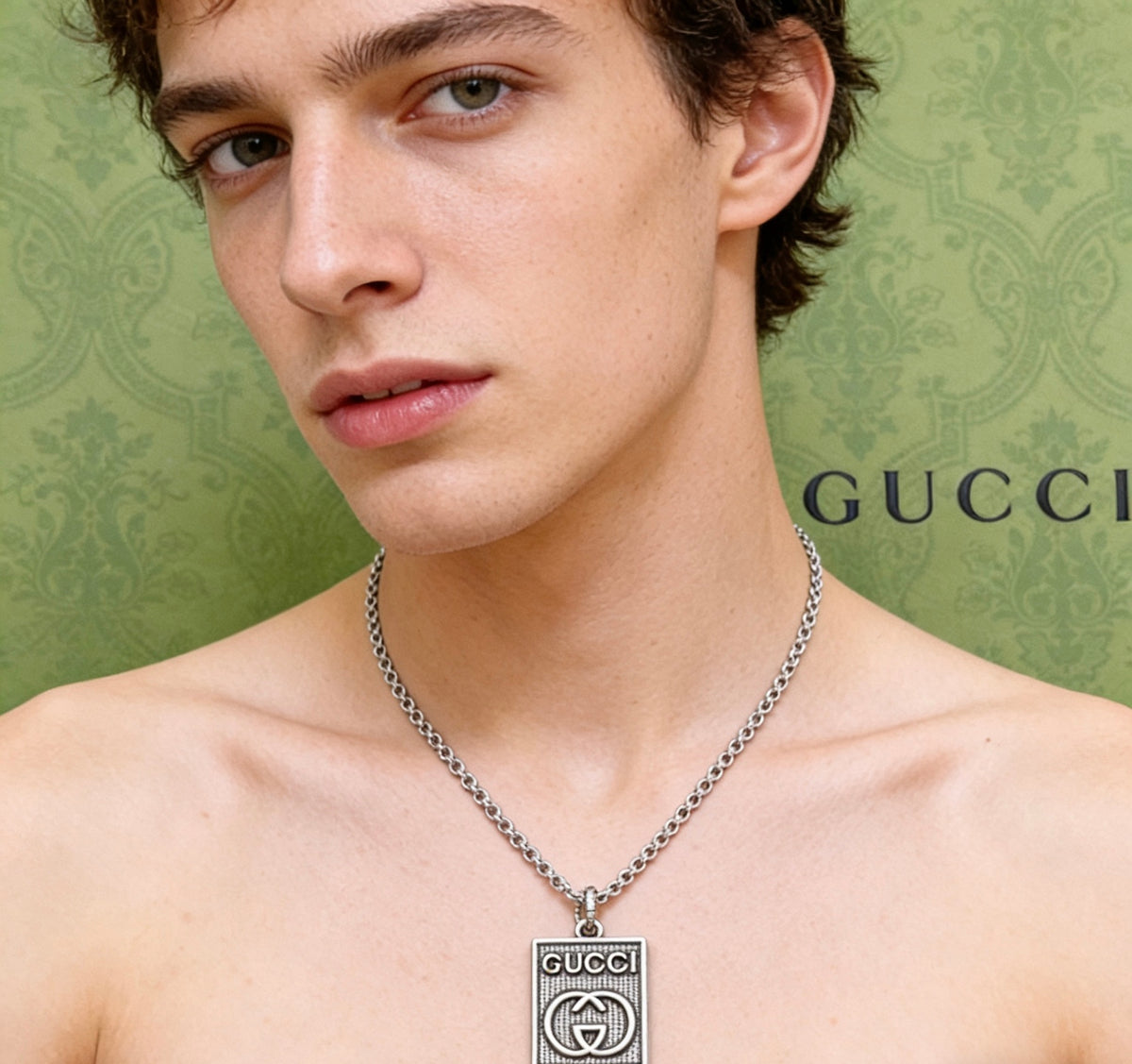 Double-G Emblem Pendant Necklace in Silver-Tone – Vintage Detail – Design 031 front product view