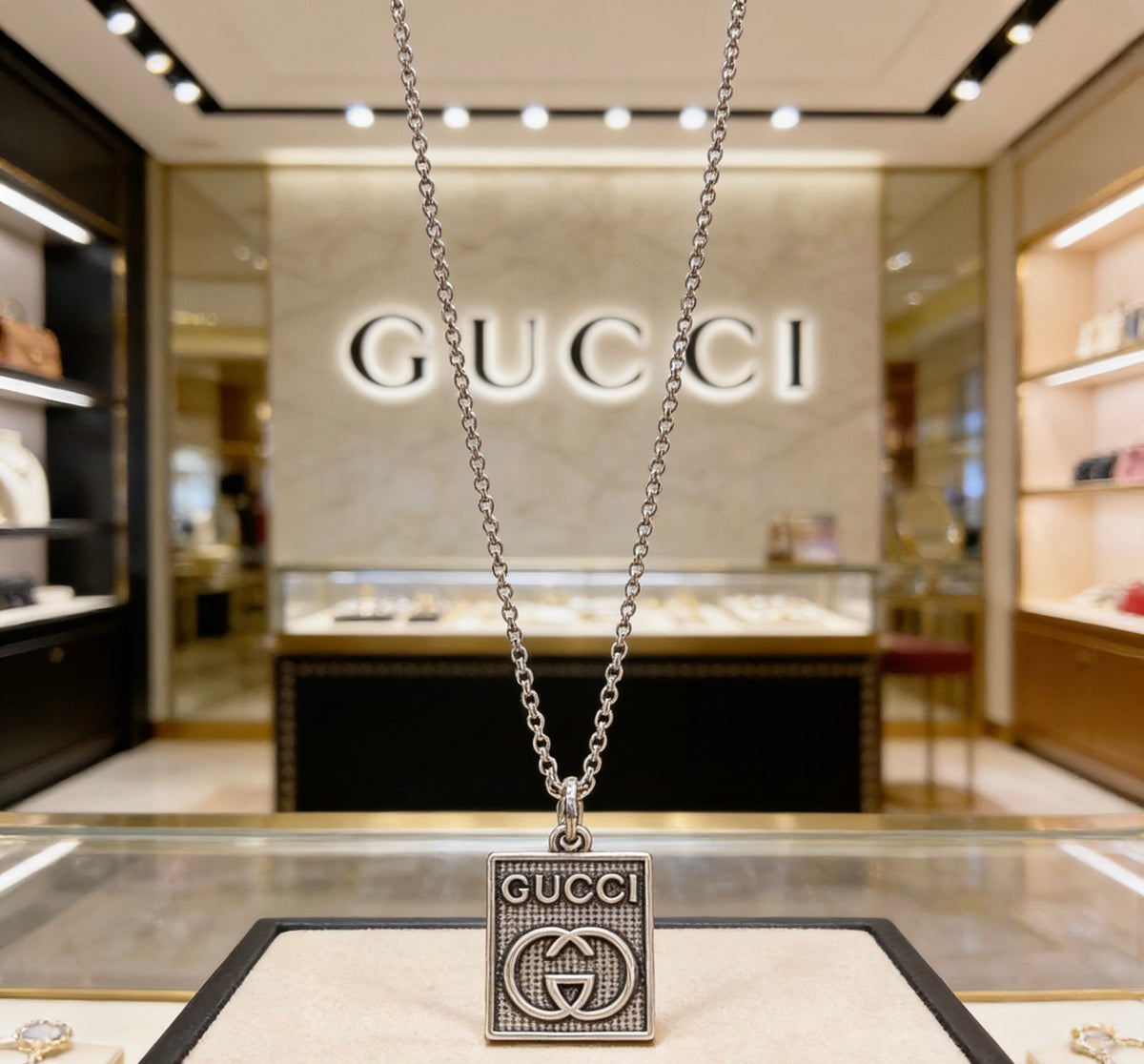 Double-G Emblem Pendant Necklace in Silver-Tone – Vintage Detail – Design 031 detail view