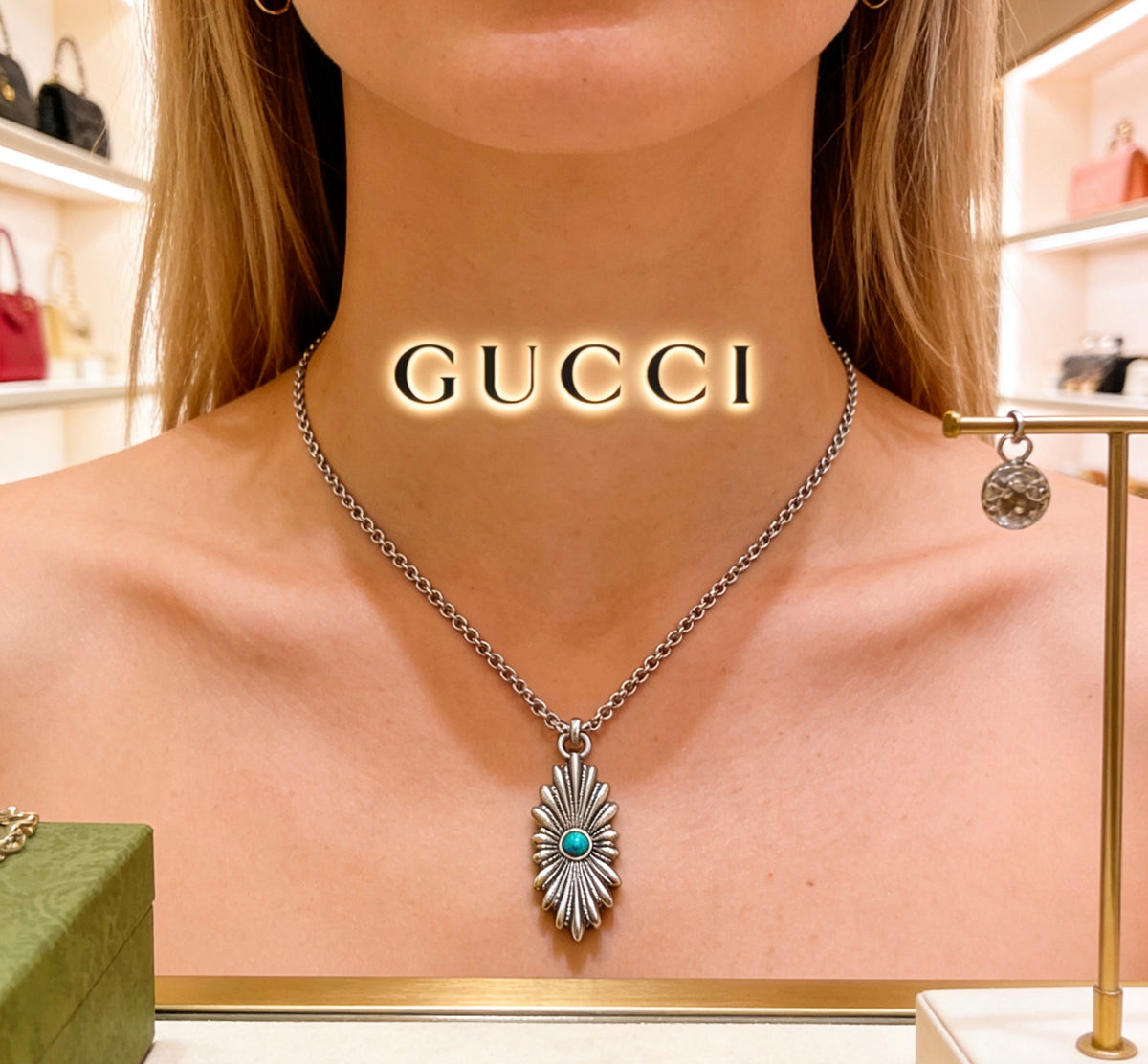 Double-G Emblem Pendant Necklace in Silver-Tone – Vintage Detail – Design 030 detail view