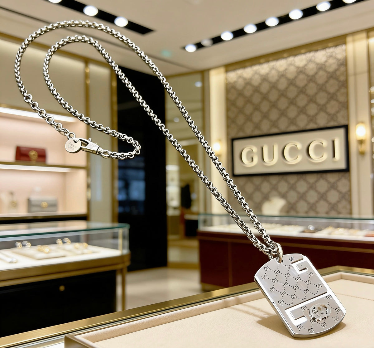 Double-G Emblem Pendant Necklace in Silver-Tone – Vintage Detail – Design 028 main product view