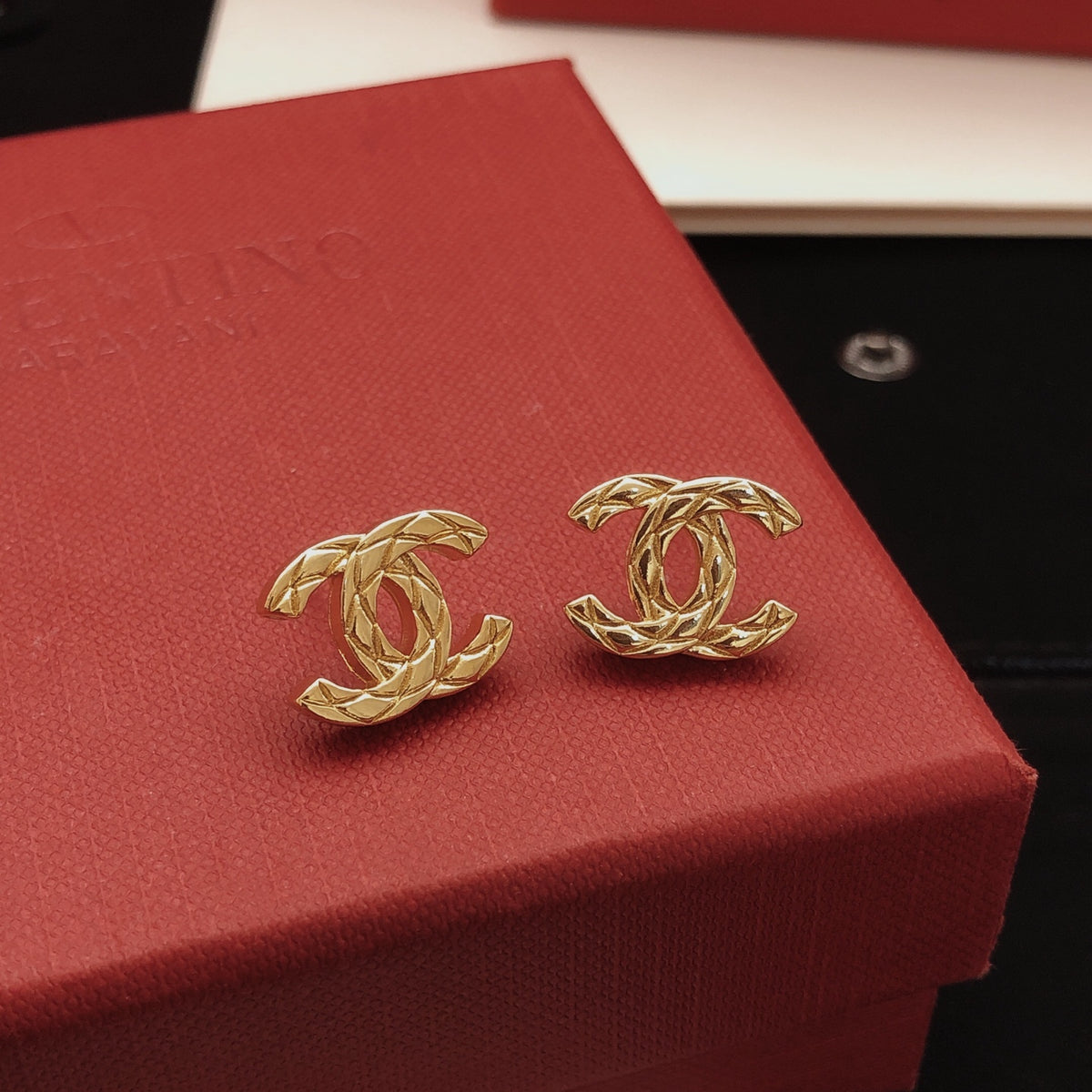 Signature Emblem Stud Earrings in Gold-Tone – Design 065 close-up detail