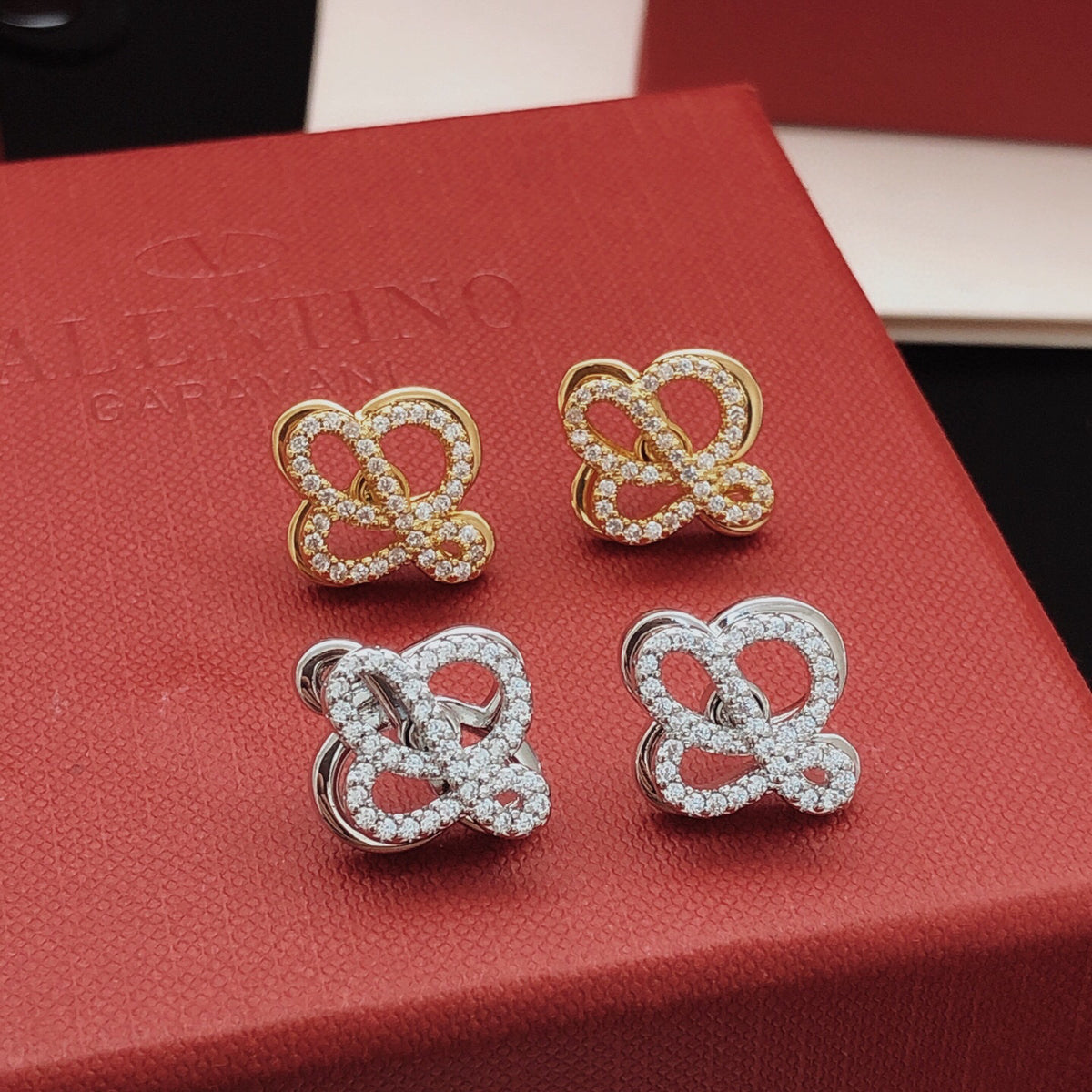 Sculptural Stud Earrings in Polished Metal-Tone with Crystal-Style Accents main product view