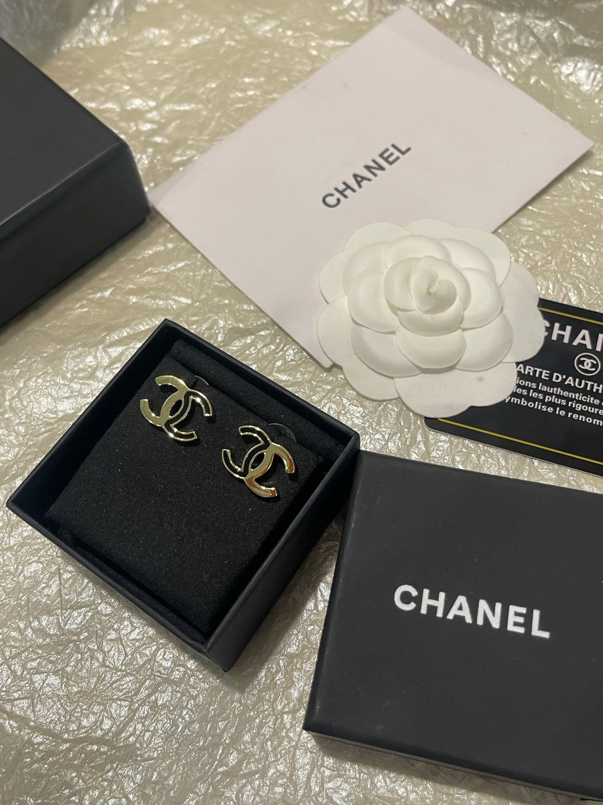 Double-C Emblem Stud Earrings in Polished Metal-Tone – Black Detail – Design 003 front product view
