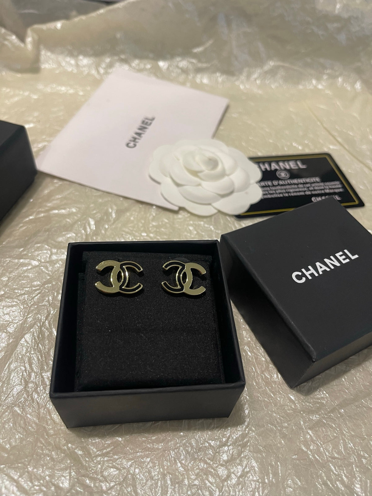 Double-C Emblem Stud Earrings in Polished Metal-Tone – Black Detail – Design 003 main product view