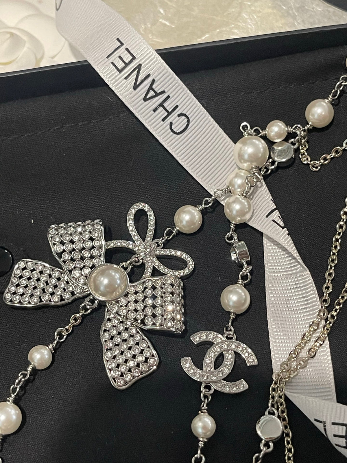 Double-C Emblem Pearl-Detail Pendant Necklace – Pearl Detail – Design 072 front product view
