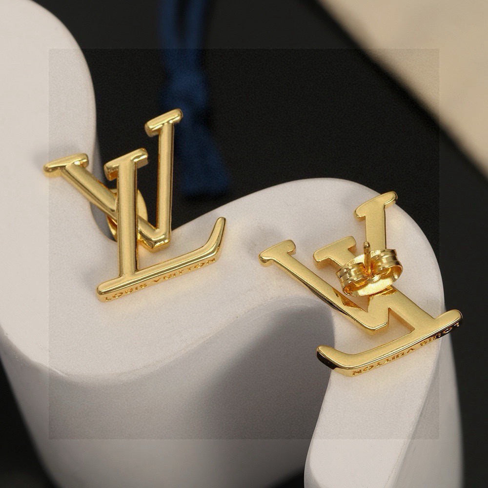 Letter Emblem Stud Earrings in Gold-Tone – Design 006 detail view