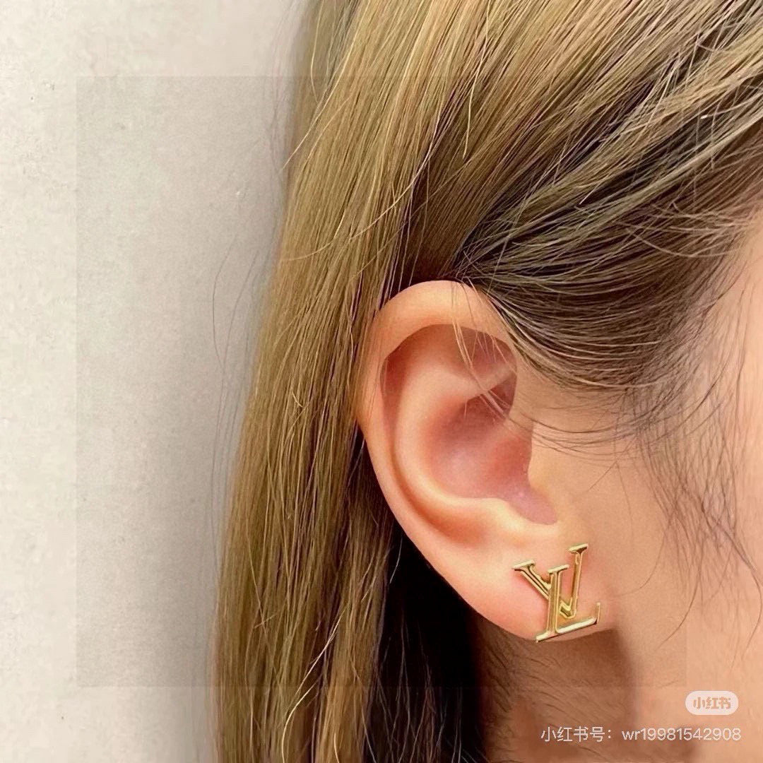 Letter Emblem Stud Earrings in Gold-Tone – Design 006 detail view