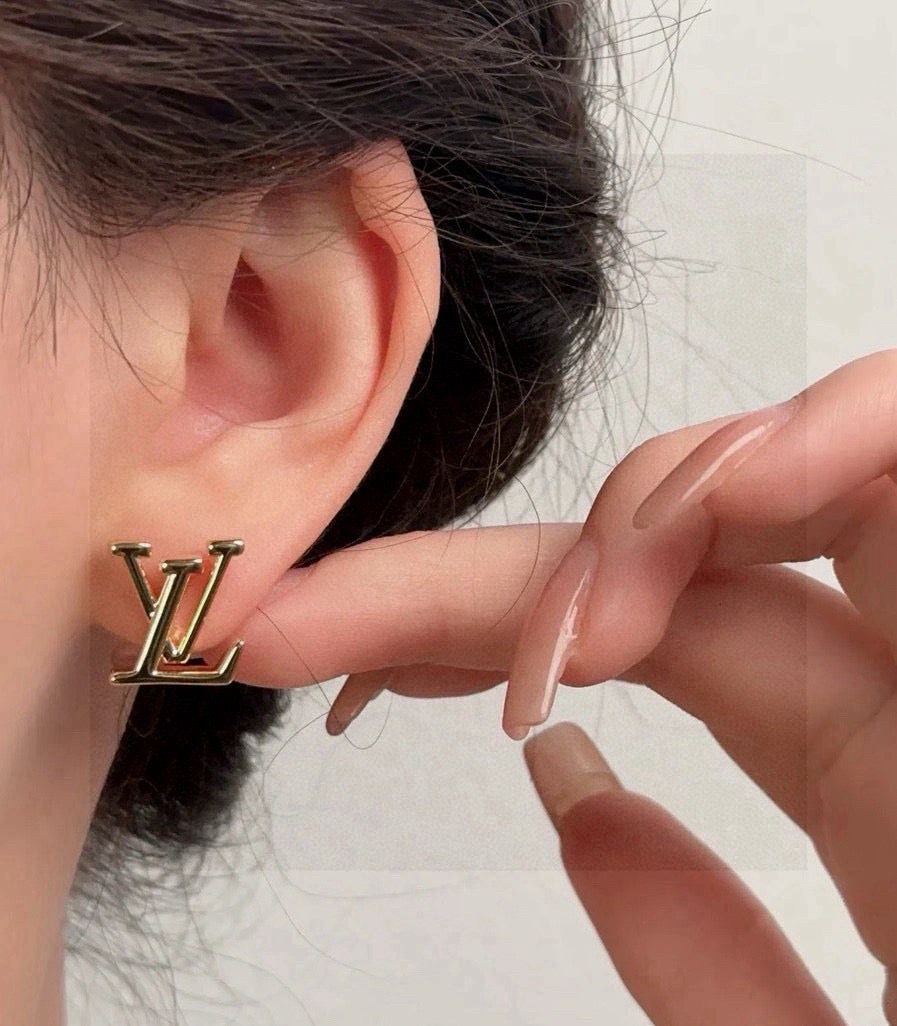 Letter Emblem Stud Earrings in Gold-Tone – Design 006 front product view