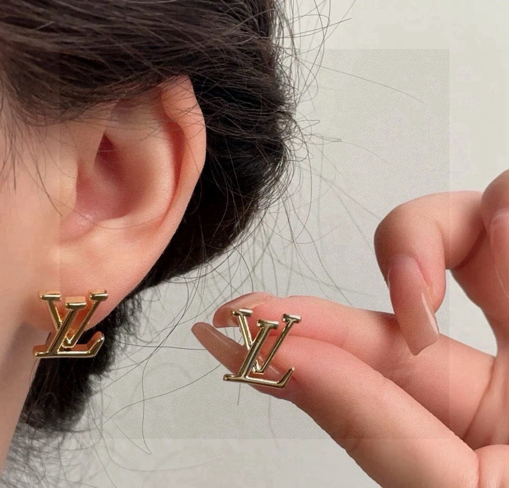 Letter Emblem Stud Earrings in Gold-Tone – Design 006 main product view