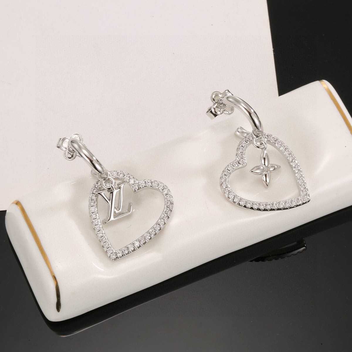 Letter Emblem Stud Earrings in Polished Metal-Tone – Design 020 front product view