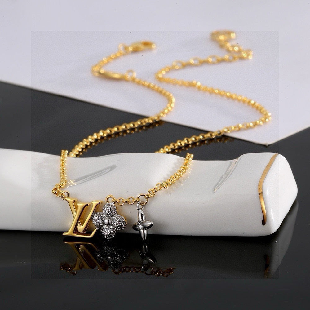 Letter Emblem Pendant Necklace in Polished Metal-Tone – Design 019 side detail