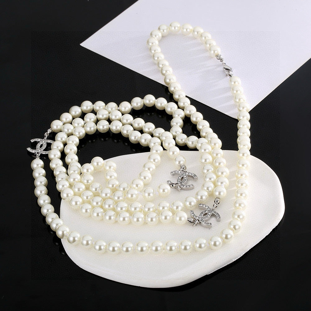 Double-C Emblem Pearl-Detail Pendant Necklace – Pearl Detail – Design 054 front product view