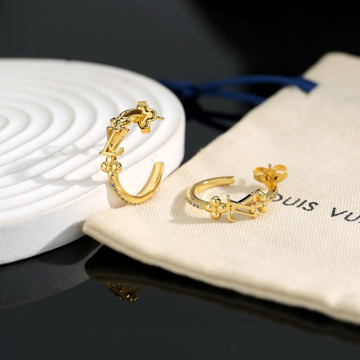 Letter Emblem Stud Earrings in Polished Metal-Tone – Design 017 main product view