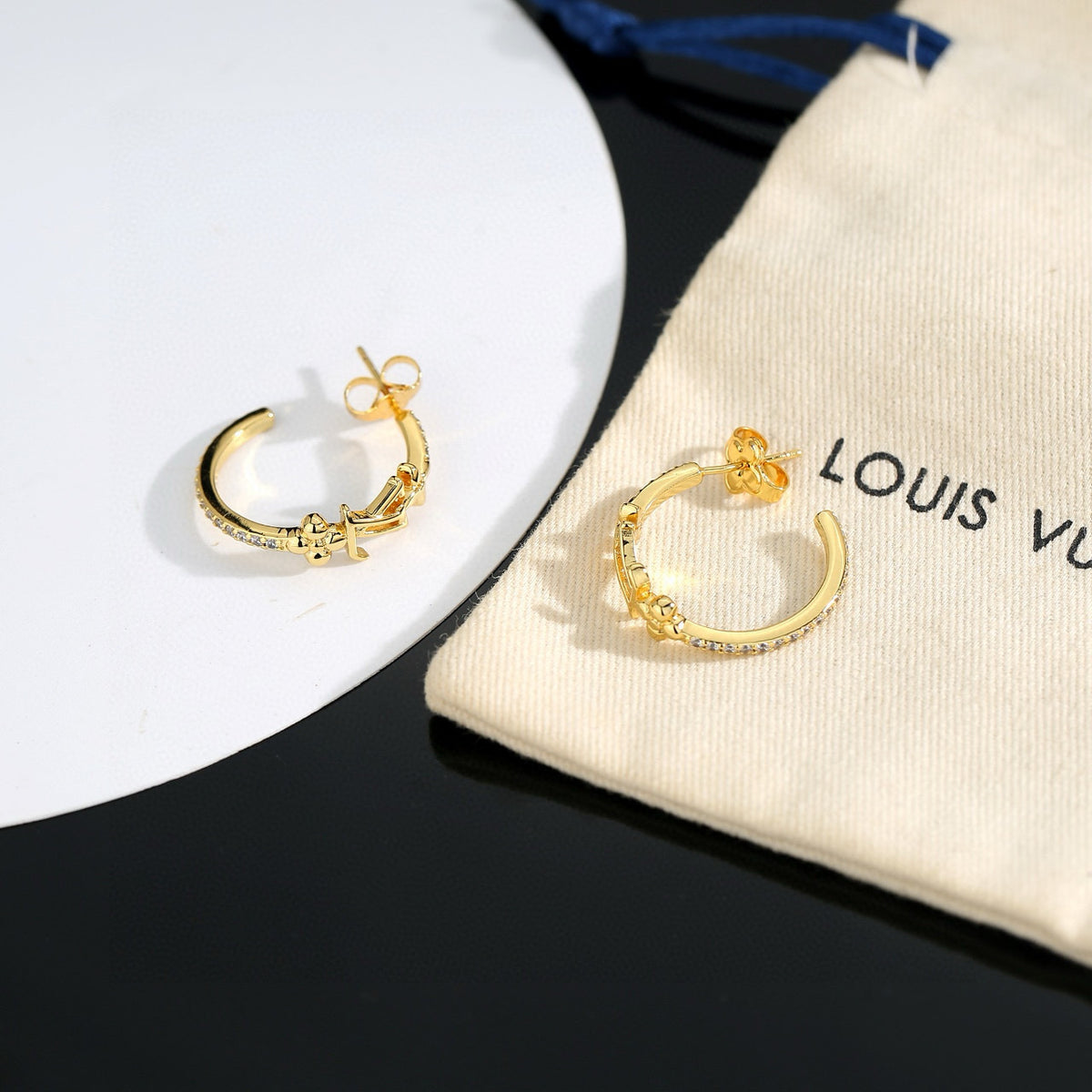 Letter Emblem Stud Earrings in Polished Metal-Tone – Design 017 styled product view
