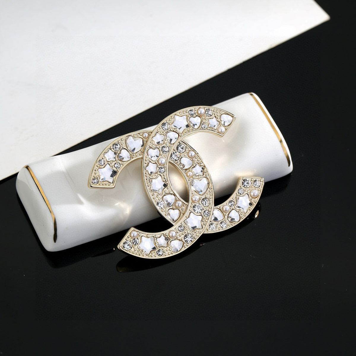 Double-C Emblem Brooch in Gold-Tone – Design 011 styled product view