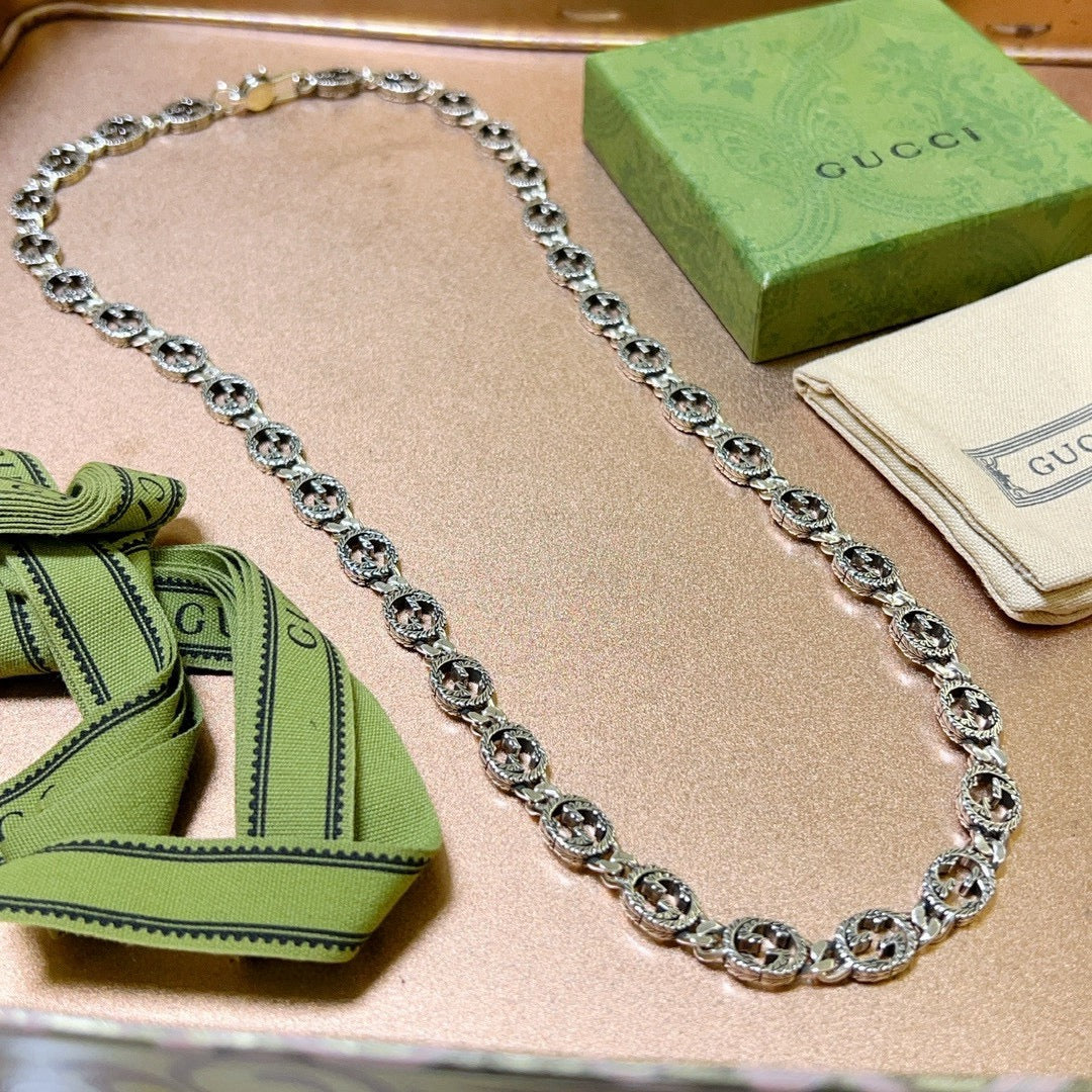 Double-G Emblem Pendant Necklace in Polished Metal-Tone – Vintage Detail – Design 029 main product view