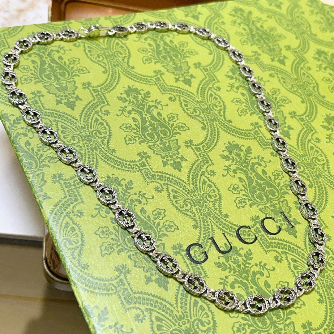 Double-G Emblem Pendant Necklace in Polished Metal-Tone – Vintage Detail – Design 029 front product view