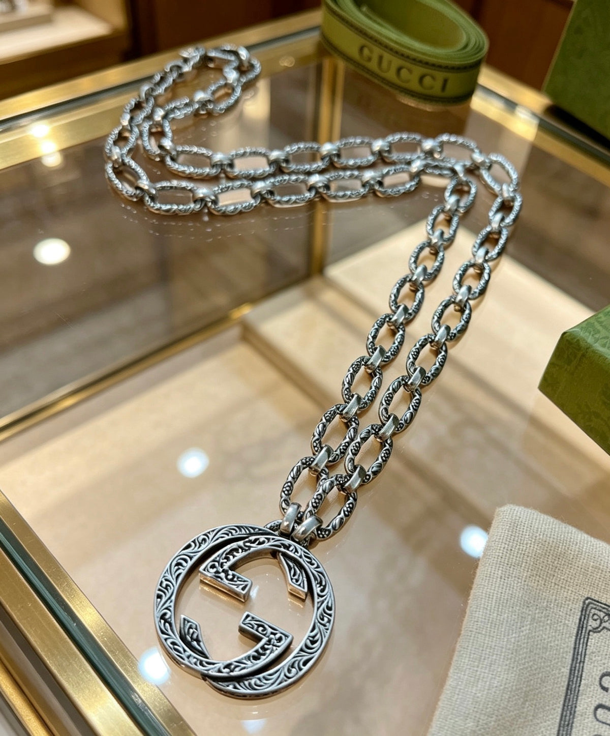 Double-G Emblem Pendant Necklace in Polished Metal-Tone – Design 118 styled product view