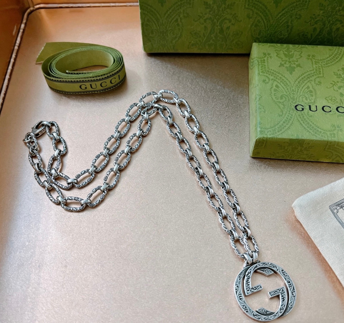 Double-G Emblem Pendant Necklace in Polished Metal-Tone – Design 118 front product view