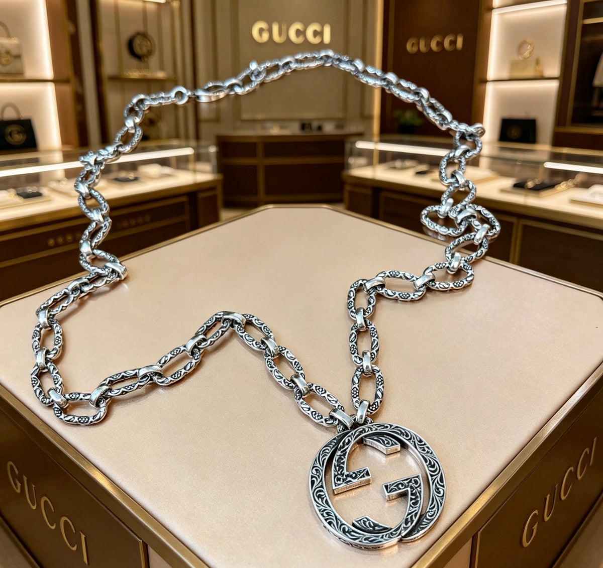 Double-G Emblem Pendant Necklace in Polished Metal-Tone – Design 118 detail view