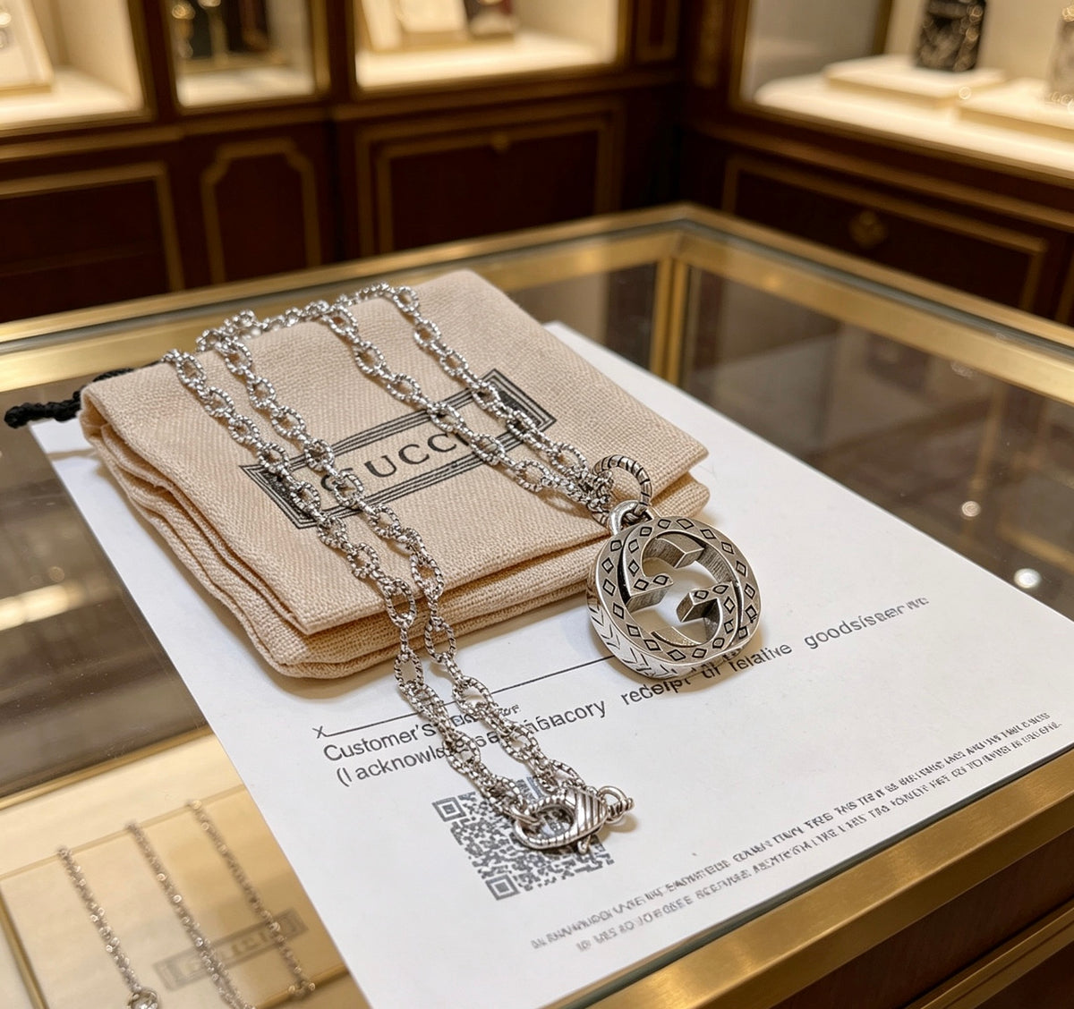 Double-G Emblem Pendant Necklace in Polished Metal-Tone – Design 129 front product view