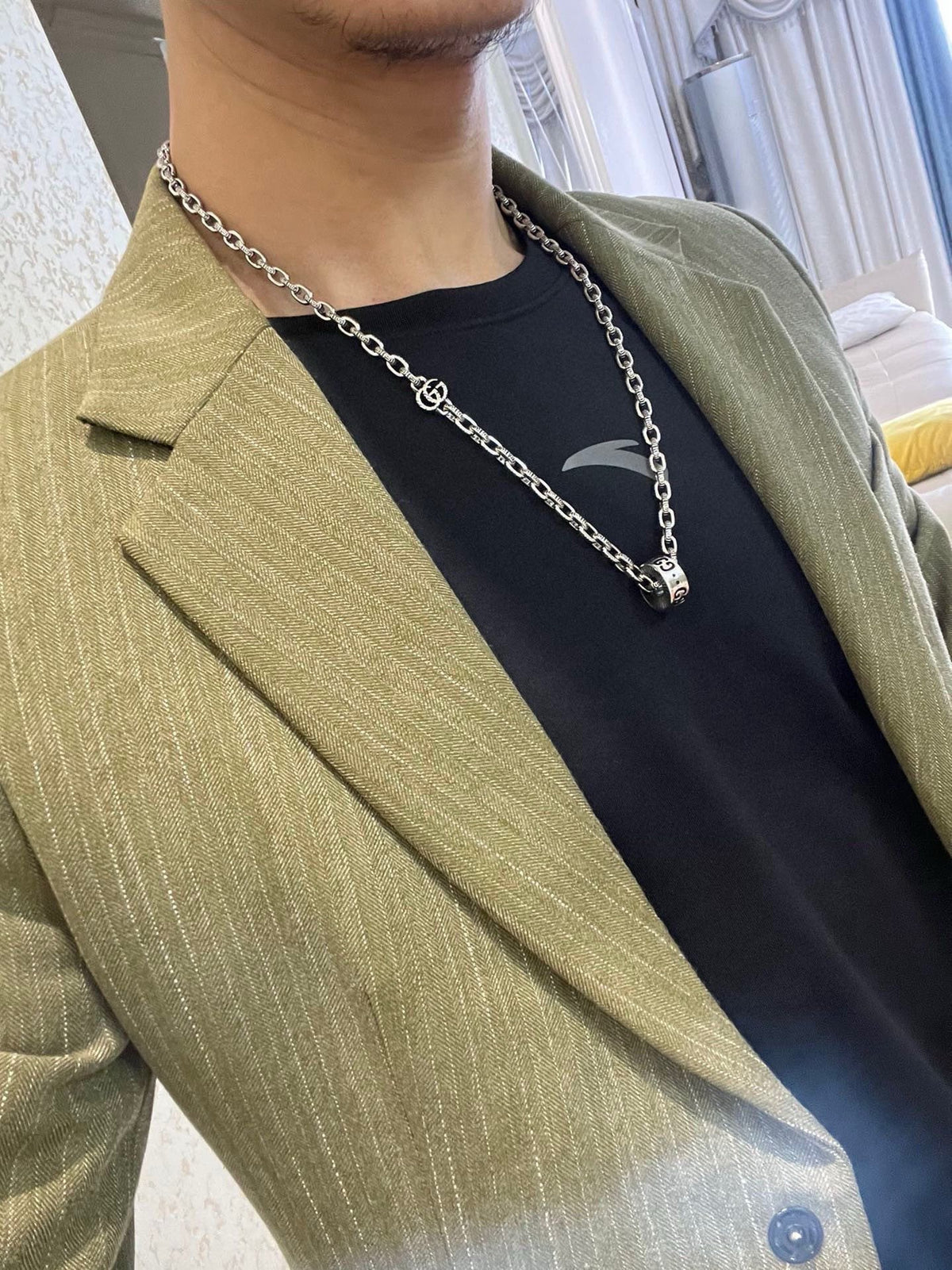 Double-G Emblem Pendant Necklace in Polished Metal-Tone – Design 126 styled product view