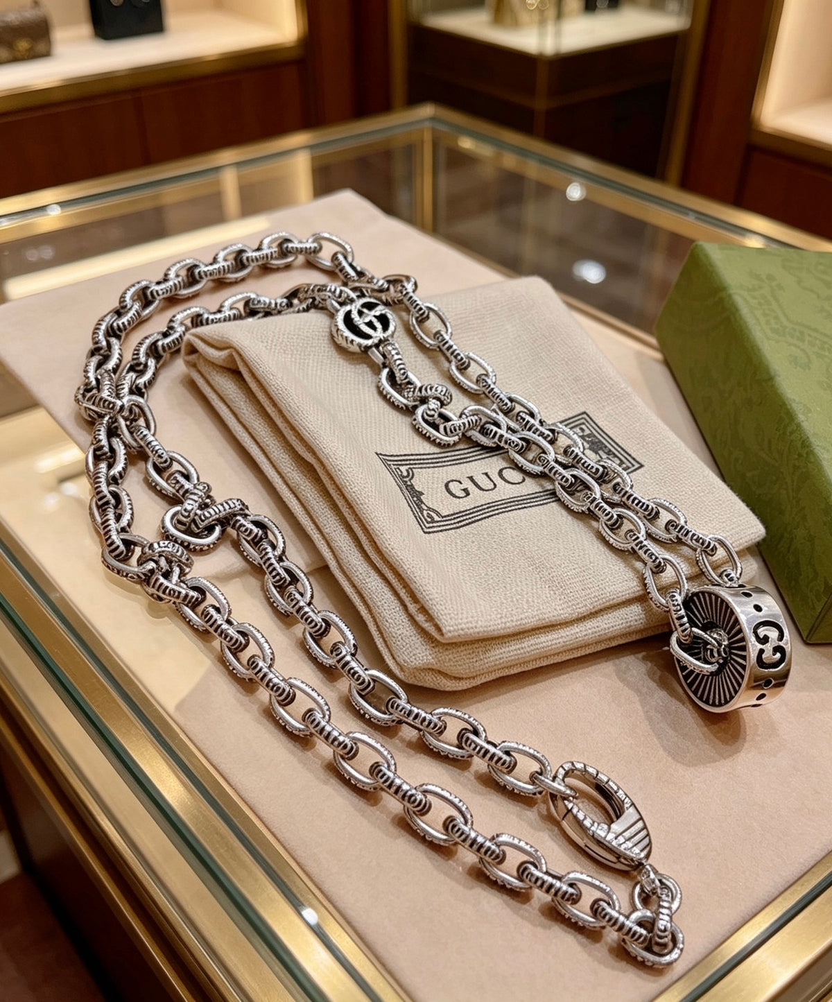 Double-G Emblem Pendant Necklace in Polished Metal-Tone – Design 126 front product view