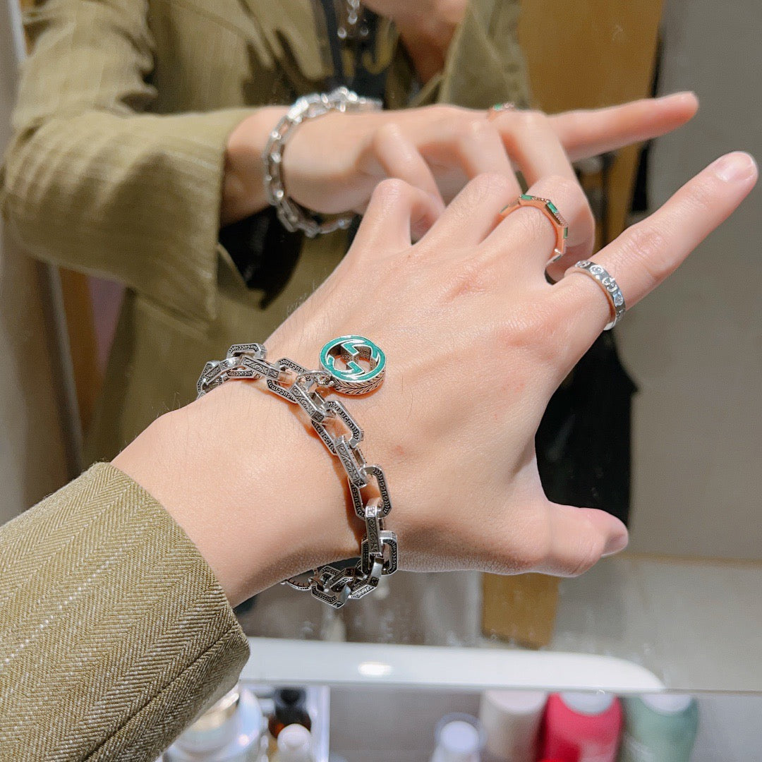 Geometric Emblem Bracelet in Polished Metal-Tone – Design 062 detail view