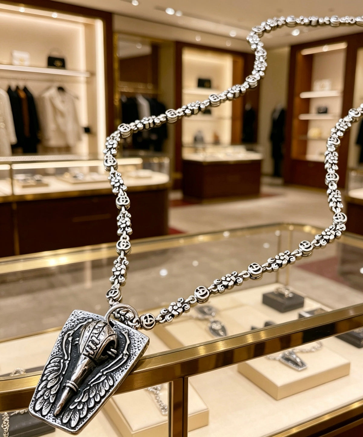 Double-G Emblem Pendant Necklace in Polished Metal-Tone – Vintage Detail – Design 032 styled product view