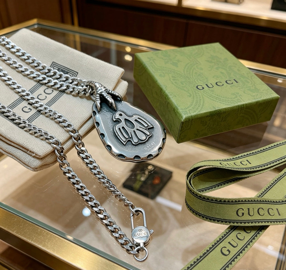 Double-G Emblem Pendant Necklace in Silver-Tone – Vintage Detail – Design 034 front product view