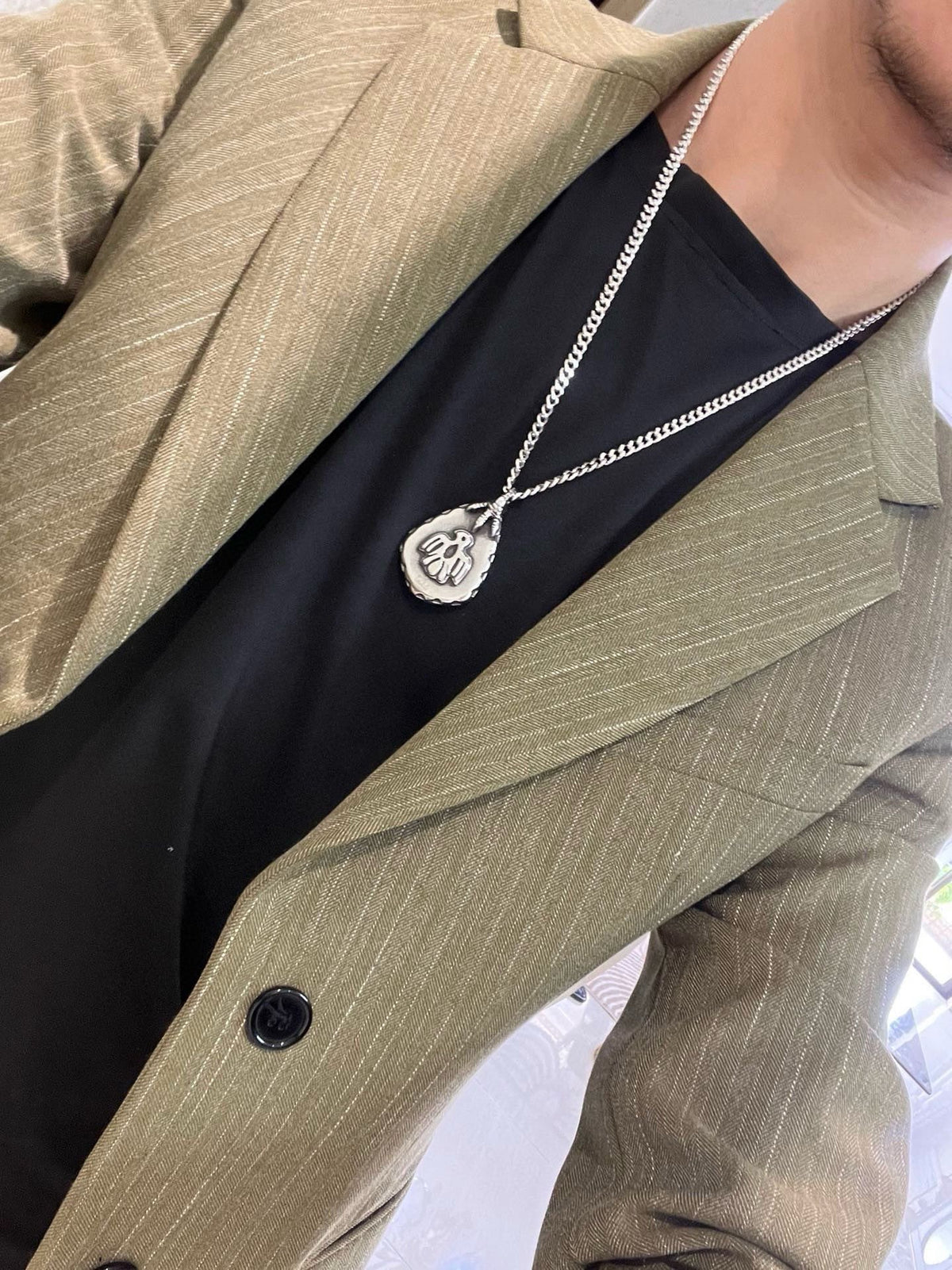 Double-G Emblem Pendant Necklace in Silver-Tone – Vintage Detail – Design 032 styled product view