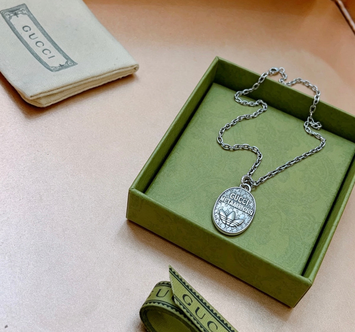 Double-G Emblem Pendant Necklace in Silver-Tone – Vintage Detail – Design 033 styled product view